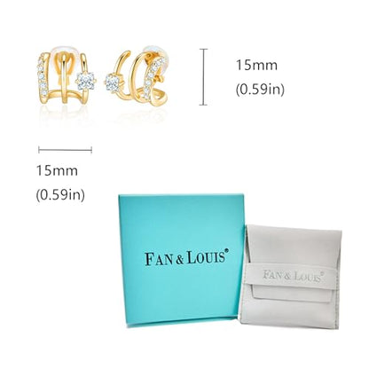FAN&LOUIS Clip On Earrings Women, Gold Silver Triple Huggie Stud Clip-on Earrings Cubic Zirconia|Double Huggie Hoop Gold Hoop Earrings Clips for Women Trendy Lightweight - style: Gold
