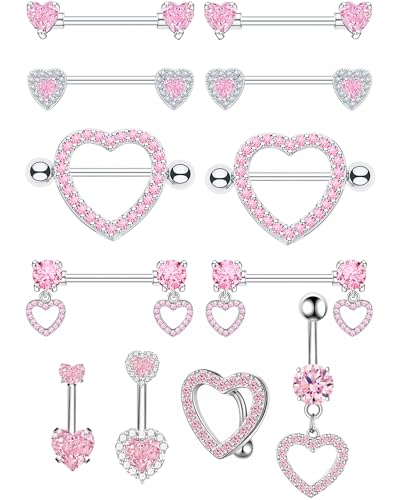 BSJ4U Nipple Ring and Belly Button Ring Set 14G Stainless Steel Sparkly Pink CZ Heart Bar Barbell Nipple Belly Piercing Body Jewelry - style: Lovely