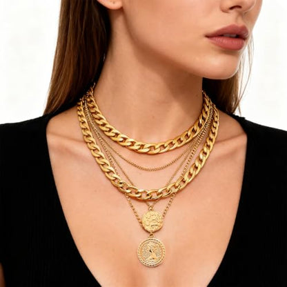 Vintage Pirate Necklace for Women, Layered Chunky Gold Chain with Coin Pendant, 80s 90s Retro Costume Accessories Women Men Jewelry