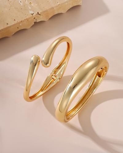 2pcs Gold Bangle Bracelets for Women, Trendy Hinged Cuff Open Wide Chunky Gold Bracelet Stack Arm Cuff Jewelry for Women - color: Gold Bangles