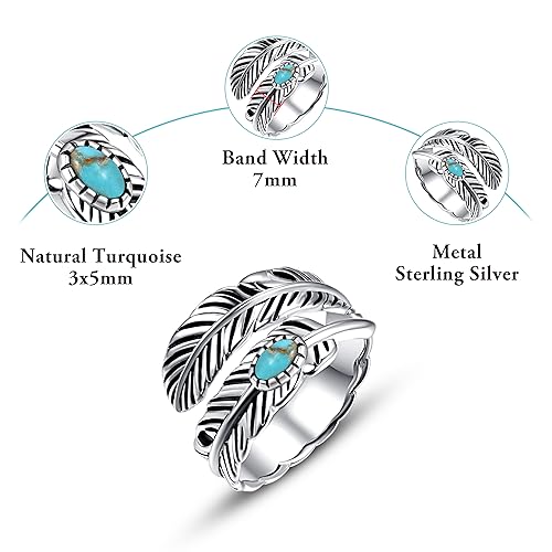 AVECON S925 Sterling Silver Turquoise/Labradorite/Just Breathe/Onyx Rings | Hypoallergenic Adjustable Open Feather Gift Women Men Thumb Spoon Statement Western Band Jewelry for Anniversary - color: Custom-Turquoise