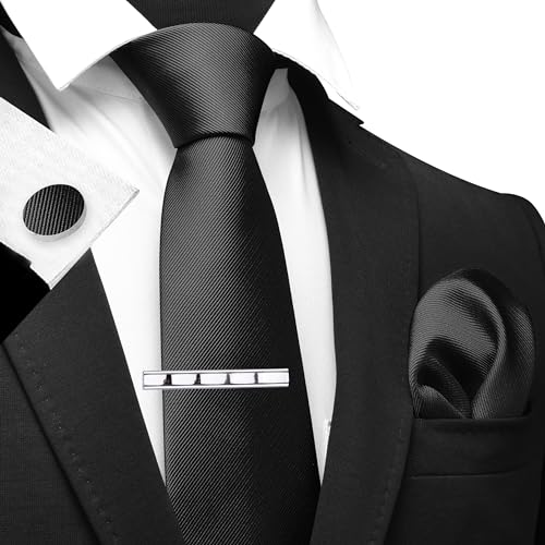 GUSLESON New 3.15"（8cm） Solid Color Necktie and Pocket Square Cufflinks Clip Set - color: Black