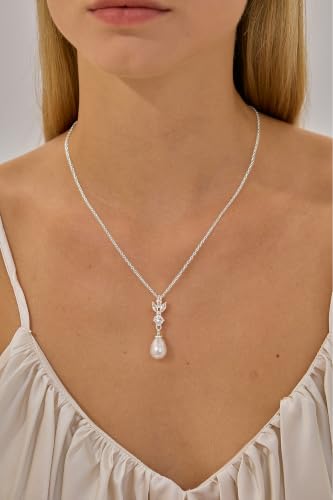Pearl Necklaces for Women 14k Gold/White Gold Plated CZ Diamond | Dainty Cubic Zirconia Necklace, Bridal Bridesmaids Wedding Jewelry Gifts - color: Silver CZ Leaf Teardrop Pearl