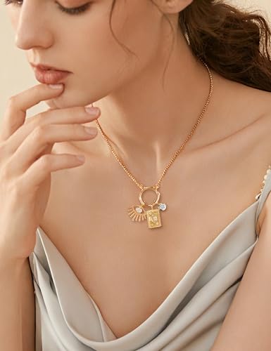 Charm Pendant Necklace Gold Plated Zircon Evil Eye Moon Star Celestial Talisman Layering Piece Statement Jewelry for Women