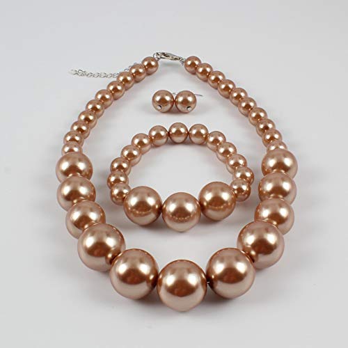 COLORFUL BLING Chunky Multicolor Simulated Pearl Choker Necklace Drop Dangle Earrings Bracelet Set Crystal Bib Big Large Round Beaded Strand for Women Brides Costume Statement 1920s Wedding Jewelry - color: Champagne1