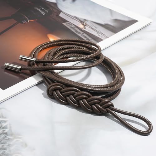 Women's Knotted Thin Waist Belt PU Leather Skinny Belts for Dresses Pants - color: Plaited Hair-coffee
