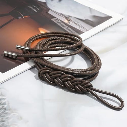 Women's Knotted Thin Waist Belt PU Leather Skinny Belts for Dresses Pants - color: Plaited Hair-coffee