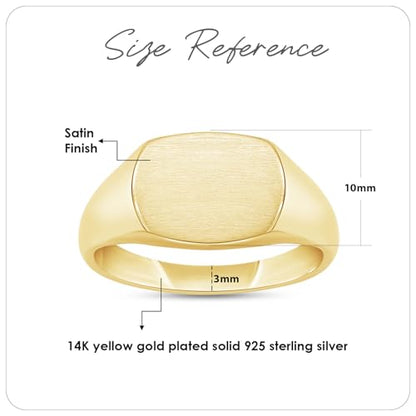 Plain Signet Band Ring Square Shaped In 14K Gold Plated Sterling Silver Satin Finish Statement Ring For Him Her - color: Yellow Gold