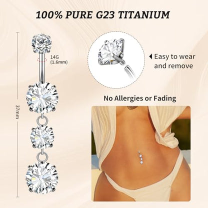 1PC 14G Belly Button Rings G23 Titanium Dangle Belly Piercing Navel Rings CZ Curved Barbell Internally Threaded Dangling Belly Jewelry for Women - color: A-Silver