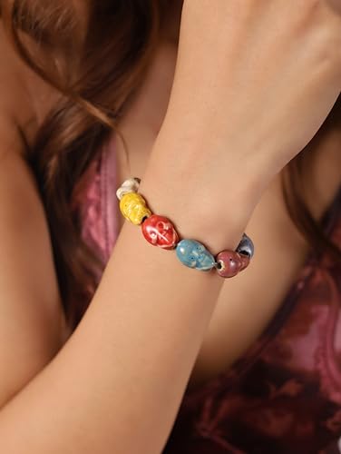 Boho Hippie Colorful Ceramic Beads Strand Stretch Bracelet, Bohemian Summer Beach Jewelry Gift for Women - color: S07