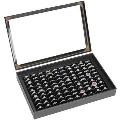 KUKUVR 100 Slots Ring Earring Holder Display Case (Black) | Velvet, Clear Lid, Ring Earring Storage Organizer Box Tray, for Women and Selling Show - color: Black