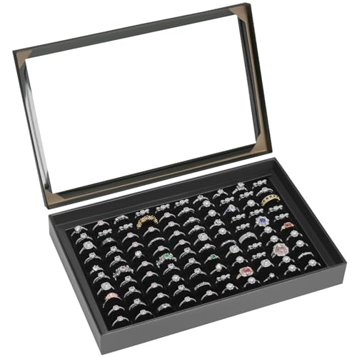 KUKUVR 100 Slots Ring Earring Holder Display Case (Black) | Velvet, Clear Lid, Ring Earring Storage Organizer Box Tray, for Women and Selling Show - color: Black