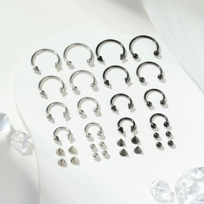 16G Septum Nose Rings Stainless Steel Hinged Seamless Nose Hoop Ring Horseshoe Piercing Jewelry Captive Bead Ring Helix Daith Tragus Cartilage Earrings for Women Men - style: style1-silver&black