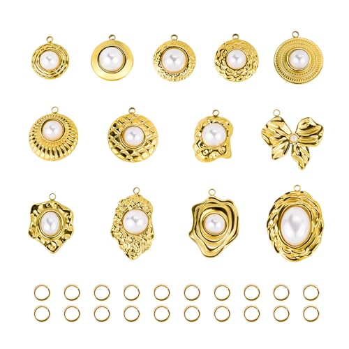 UMAOKANG 13pcs Artificial Pearl Charms for Jewelry Making Gold Plated Stainless Steel Bulk Charms with 20pcs Jump Rings - color: Pearl Gold