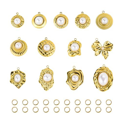 UMAOKANG 13pcs Artificial Pearl Charms for Jewelry Making Gold Plated Stainless Steel Bulk Charms with 20pcs Jump Rings - color: Pearl Gold
