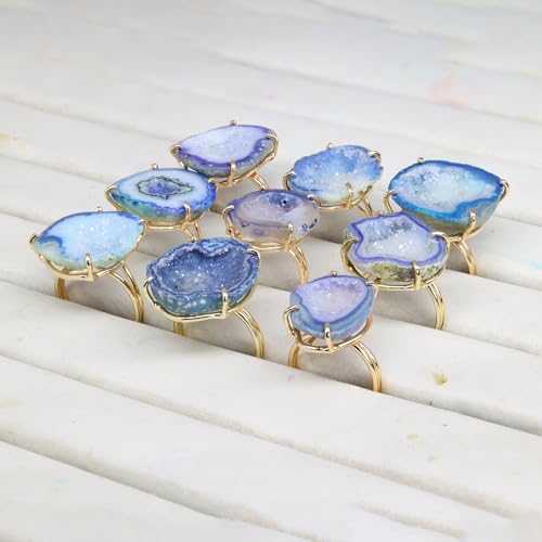 Elegant Geode Druzy Gemstone Statement Ring for Women, Adjustable Ring, Gold Plated Stone Size 20-25mm - color: Blue, style: 1