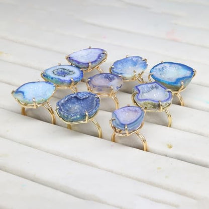 Elegant Geode Druzy Gemstone Statement Ring for Women, Adjustable Ring, Gold Plated Stone Size 20-25mm - color: Blue, style: 1