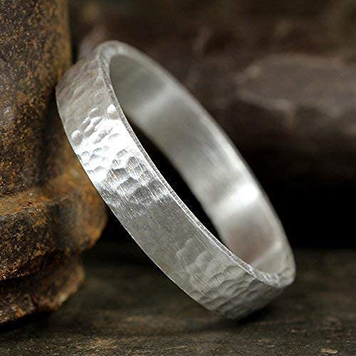 925 Sterling Silver Wedding Ring Hammered Flat Pipe Cut Textured Thick & Durable Handmade Unisex Mens & Women Rustic Engagement Promise Band - US Size 4-13 - Custom Engraving - color: 01 - 4mm Silver