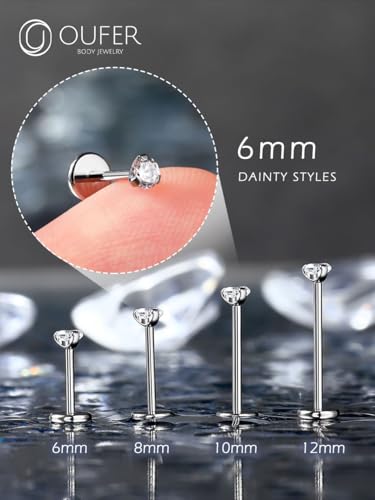 OUFER 2PCS Nose Piercings, G23 Solid Titanium Threadless Nose Rings 20G, Clear Tiny CZ Nose Stud Flat Back Nose Nostril Piercing Jewelry for Women Men - size: 2.5mm CZ_20g 6mm