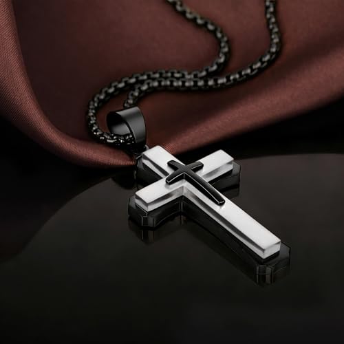 Men's Cross Necklace 316L Stainless Steel Large Heavy Cross Pendant for Men Polished Jewelry Rolo Chain with 22'' 24'' 26'' - color: F-Black and White, size: 22 inch