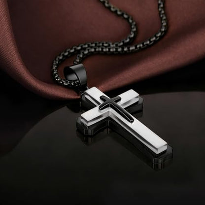 Men's Cross Necklace 316L Stainless Steel Large Heavy Cross Pendant for Men Polished Jewelry Rolo Chain with 22'' 24'' 26'' - color: F-Black and White, size: 26 inch
