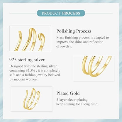 MUNDELL 925 Sterling Silver Simple Multi-layer Leaf Adjustable Ring Green Lucky Leaves Statement Ring for Women Promise Ring Fine Jewelry - color: Golden