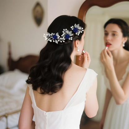 Wedding Hair Accessories Hair pieces Set Crystal bridal hair pins Rhinestone Pearl hair comb Brides and Bridesmaids, Girls, Women(（4PCS/SET BLUE) - color: blue