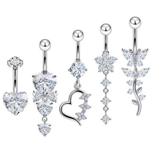 Vsnnsns 14G Dangle Belly Button Ring Piercing Jewelry 316L Stainless Surgical Steel Navel Rings Cubic Zirconia Heart Flower CZ Dangling Belly Button Ring Piercing Jewelry for Women 14 Gauge - color: Silver-Clear CZ