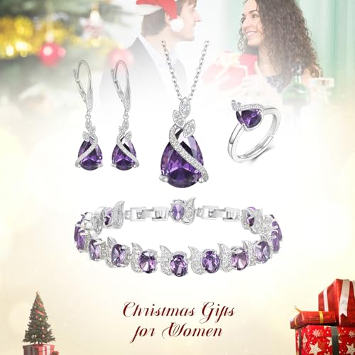 Jewelry Set for Bride, Sparkling Water Drop Cubic Zirconia Crystal Pendant Necklace Leverback Earrings Tennis Bracelet Adjustable Ring Gift for Wedding/Birthday/Mother's Day/Christmas - color: 02-Purple Silver-Tone