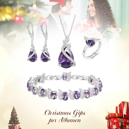 Jewelry Set for Bride, Sparkling Water Drop Cubic Zirconia Crystal Pendant Necklace Leverback Earrings Tennis Bracelet Adjustable Ring Gift for Wedding/Birthday/Mother's Day/Christmas - color: 02-Purple Silver-Tone