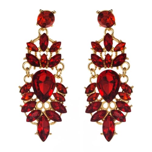Rhinestone Drop Earrings for Women Chunky Gold Crystal Teardrop Earrings Statement Wedding Party Prom Bridal Jewelry - color: Red