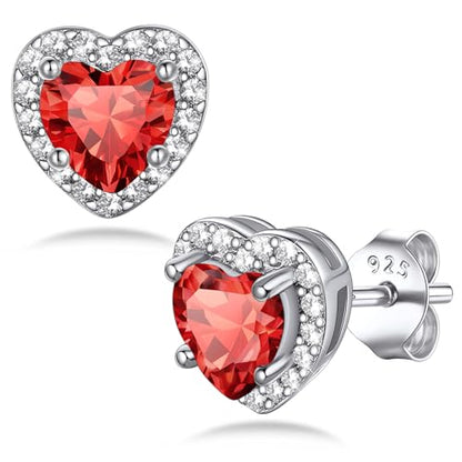 Bestyle Sparkling 925 Sterling Silver Birthstone Stud Earrings for Women, Heart/Round/Teardrop/Square Solitaire Diamond Studs Earrings, Great Birthday/Christmas Gifts - style: 07. Red Ruby-July-heart