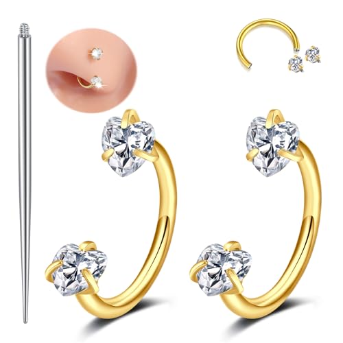 MODRSA Silver Gold Horseshoe Nose Ring 18g Double Gem Horse Shoe Nose Ring Hoop for Women Surgical Steel Half Hoop U Shape Tragus Earring Hoops Labret Lip Helix Piercing Jewelry Septum Rings 18 Gauge - color: D2- 18g Heart zircon -gold 2pcs