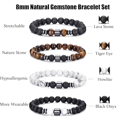 RANKEEF Tiger Eye Bracelet For Men 8MM Natural Stone Stretch Adjustable Black Crystal Beaded Bracelet for Men Women Gifts - color: 4,lava rock,tiger eye,white,black bracelet