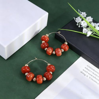 Colorful Beaded Earrings for Women Beaded Hoop Earrings | Chunky Acrylic Resin Boho Statement Drop Earrings Trendy Summer Beach Jewelry Accessories Gifts - color: Red