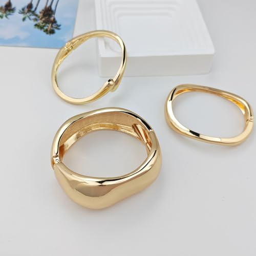 Chunky Gold Bangle Bracelets for Women, 14K Gold Plated Wide Cuff Bracelet | Stackable Open Cuff Bangles, Trendy Statement Jewelry Gift for Women - color: Gold-12