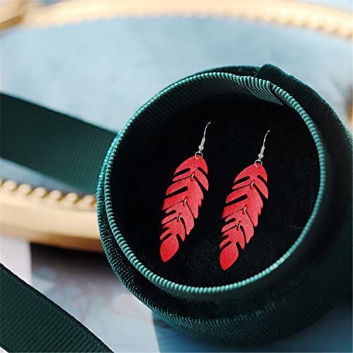 Handmade Unique Lightweight Bohemian Genuine Leather Leaf Dangle Drop Earrings Dainty Sparkly Chain Feather Hook Earring for Women Statement - color: Red
