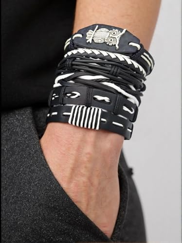 8Pcs Punk Leather Bracelet Set for Men & Women, 6Pcs Braided PU Cuffs, Necklace & Keychain, Adjustable, Stackable - style: Owl