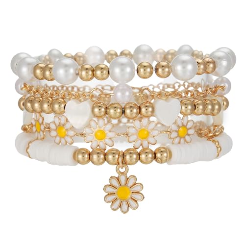 4Pcs Daisy Flower Stackable Bracelet Set for Women, White Faux Pearl Heart Beaded Boho Bracelets, Y2K Coquette Jewelry Gift
