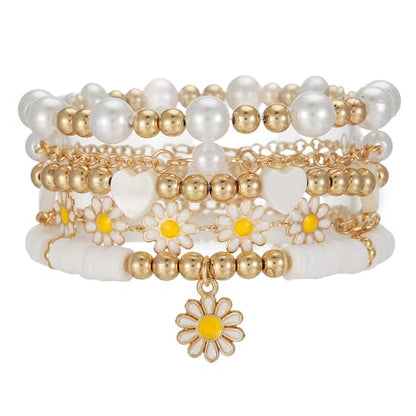4Pcs Daisy Flower Stackable Bracelet Set for Women, White Faux Pearl Heart Beaded Boho Bracelets, Y2K Coquette Jewelry Gift