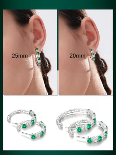 Women's Huggie Hoops with Birthstone 925 Sterling Silver Huggie Stud Hypoallergenic 14K Gold Plated Moissanite Earrings -Emerald Sapphire Ruby Hoop Earrings, Size 20 25mm - color: A -Emerald Silver, size: 20mm (0.78 Inch)