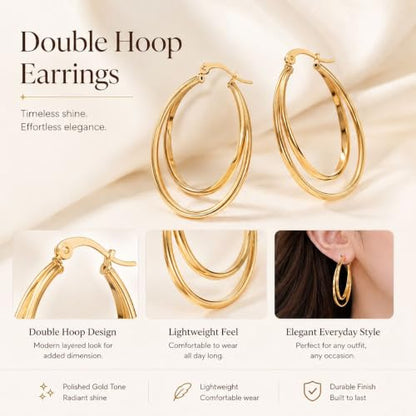 Double Hoop Earrings for Women Double Oval Gold and Silver Tone Statement Hoops for Party Vacation Outfits Birthday Gift - color: A2:gold