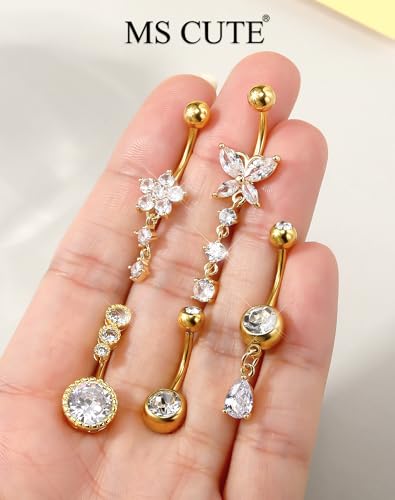 5PCS Belly Button Rings for Women Girls, 14G Surgical Steel Navel Rings Set, Gold & Silver CZ Dangle Body Piercing Jewelry - color: Gold-Butterfly