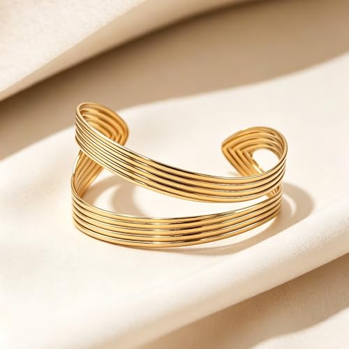Chunky Gold Bangle Bracelets for Women Statement Bracelet for Dainty Charm Women Jewelry - color: Gold Stripes Bracelet
