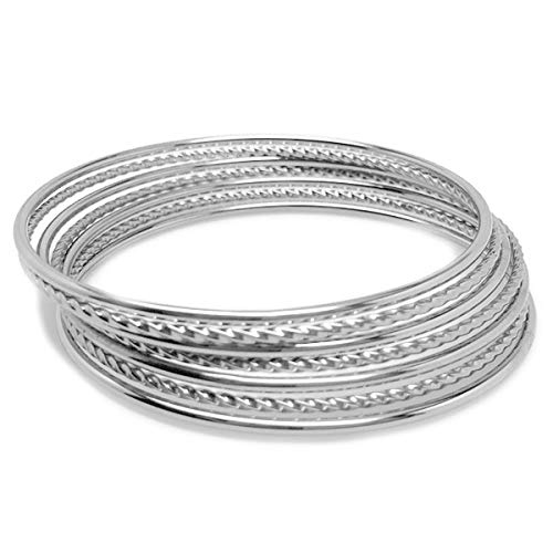 Loralyn Designs Thin Silver Stainless Steel Textured Bangle Bracelet Set of 7 - style: M - 8" Inner circumference