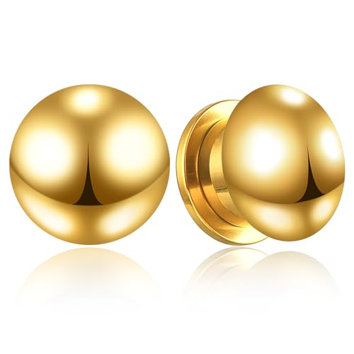 Casvort 2 PCS Hypoallergenic 0G-1" Cute Timeless Smooth Ball Screw Ear Gauges 316 Surgical Stainless Steel Fashion Ear Gauges Earrings Expander Women Piercing Body Jewelry - color: Gold, size: 14 mm