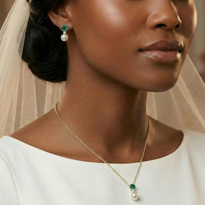 Mariell Pearl Wedding Necklace Earrings Set with CZ Crystal, Jewelry for Brides, Bridesmaid, Mother's Day - color: Gold-Green Cubic Zirconia