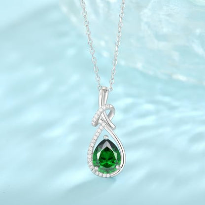 Infinity Teardrop Necklace Silver Tone Pendant Birthstone Jewelry for Women - color: Emerald Green