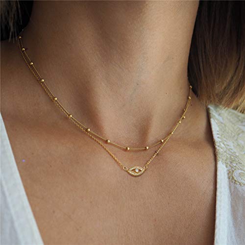 Turandoss Dainty Layered Choker Necklace, Handmade Y Pendant Necklace Multilayer Bar Disc Necklace Adjustable Layering Choker Necklaces for Women - style: 3PCS - Link Chain&Beads Chain&CZ Evil Eye