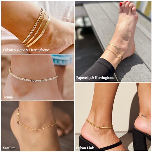 Dainty Ankle Bracelets for Women Waterproof | Layered Gold Plated Tennis Cuban Snake Rope Paperclip Beaded Link Chains Set, Summer Beach Jewelry Gift - color: Gold Anklet A